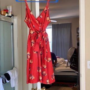 Red floral wrap sundress